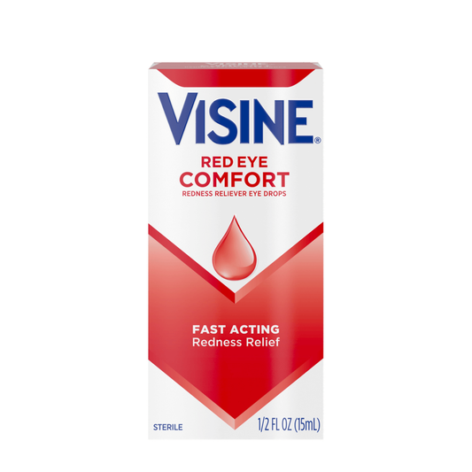 Visine Red Eye Comfort redness reliever eye drops in 0.5 oz bottle, designed to soothe and reduce eye redness.