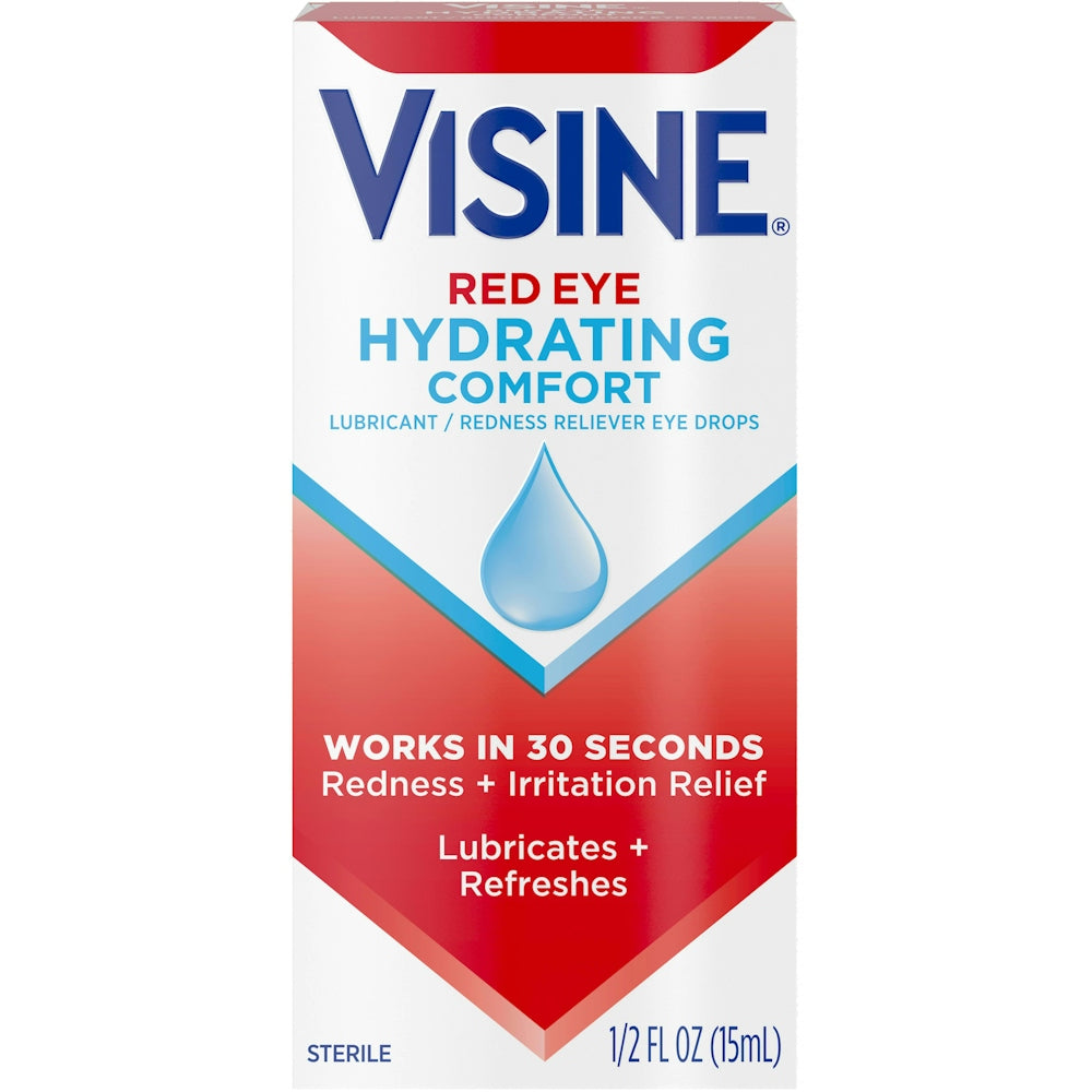 Visine Red Eye Drops by Pasteur Pharmacy, hydrating comfort for redness relief, shown in a clear bottle with eye drop applicator