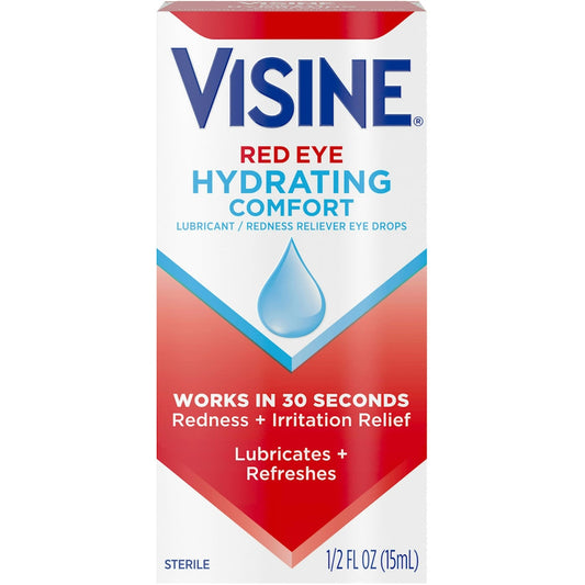 Visine Red Eye Drops by Pasteur Pharmacy, hydrating comfort for redness relief, shown in a clear bottle with eye drop applicator