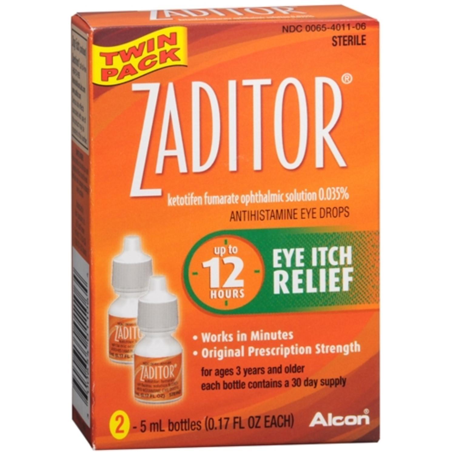 Twin pack of Zaditor antihistamine eye itch relief drops from Pasteur Pharmacy, showing eye drop bottles on a white background.