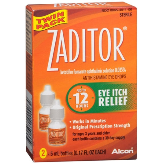 Twin pack of Zaditor antihistamine eye itch relief drops from Pasteur Pharmacy, showing eye drop bottles on a white background.