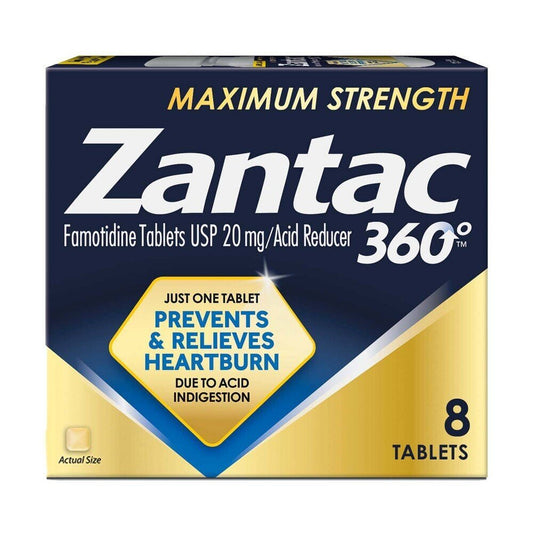 Zantac 360 Maximum Strength 20 Mg acid reducer tablets by Pasteur Pharmacy, showing 8 tablets in blister pack.