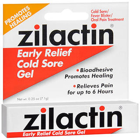 Zilactin Early Relief Cold Sore Medicated Gel in 0.25 oz tube, used for soothing cold sore discomfort.