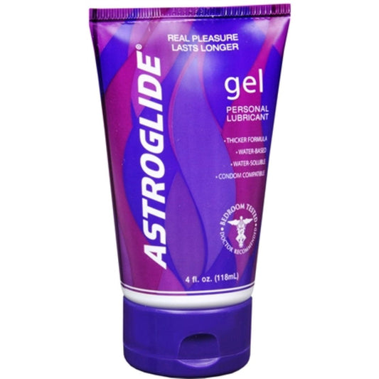 Astroglide Gel water-based personal lubricant tube, 4 oz, with a clear tube and blue cap, designed for smooth, comfortable use