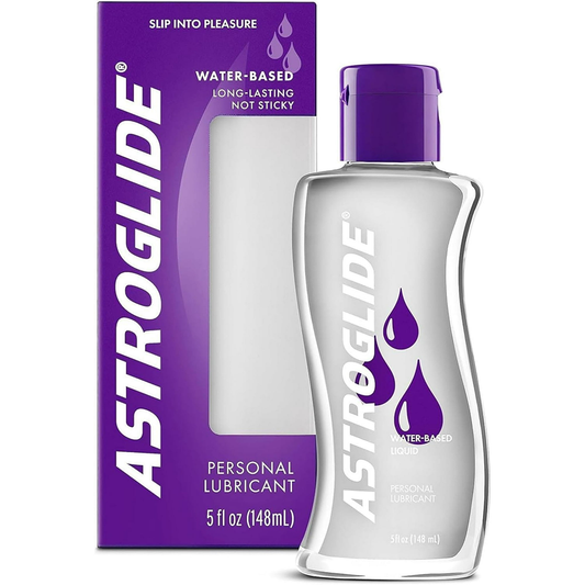 Astroglide water-based personal lubricant in a 5 fl oz bottle, suitable for sensitive skin and smooth application.