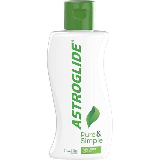 Astroglide Pure & Simple vagina-friendly liquid personal lubricant in a 5 oz bottle, designed for smooth, natural moisture.