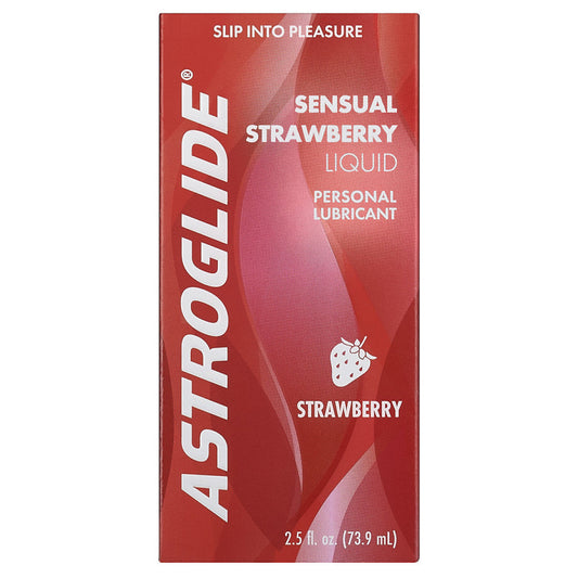 Astroglide Sensual Strawberry water-based personal lubricant bottle, 2.5 oz, with strawberry flavor and smooth texture for intimate use