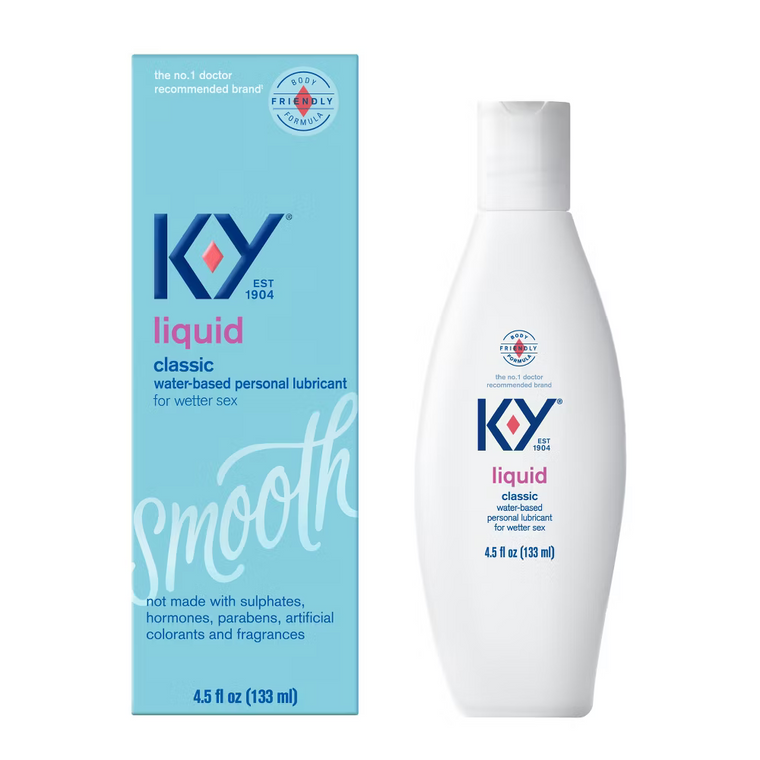 K-Y Body Friendly Liquid Personal Water-Based Lubricant in a clear bottle, designed for comfort and smooth application.