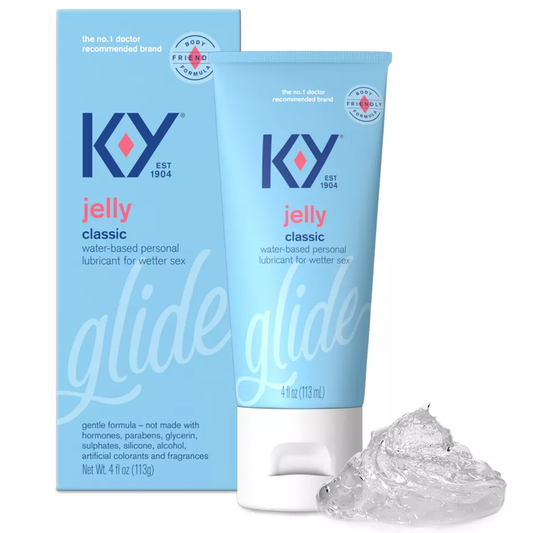 K-Y Jelly Classic water-based personal lubricant for wetter sex, 4 oz, shown in a clear bottle with white label