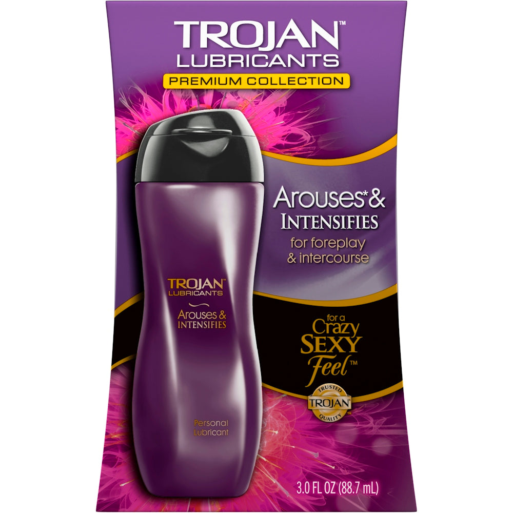 Trojan personal lubricant bottle from Pasteur Pharmacy, designed to arouse and intensify intimacy, with clear labeling on the packaging.