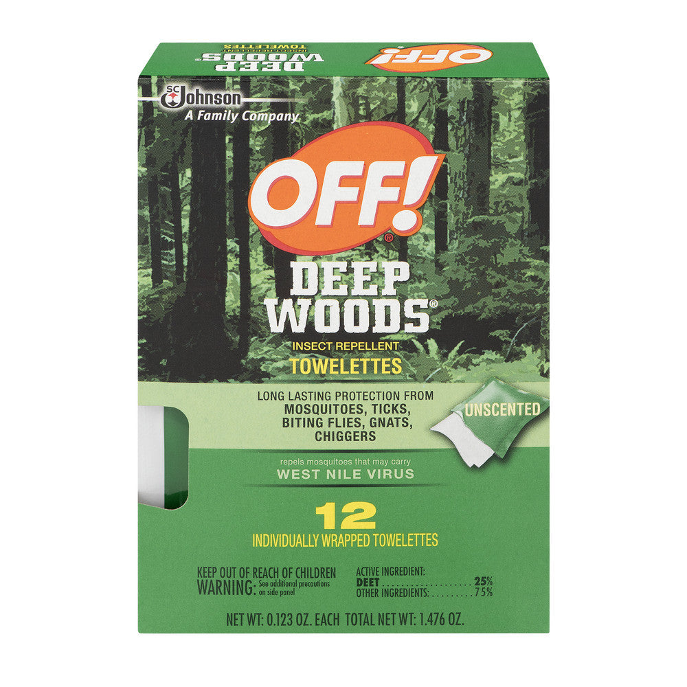 Off! Deep Woods insect repellent towelettes by Pasteur Pharmacy for long-lasting pest protection in outdoor settings.