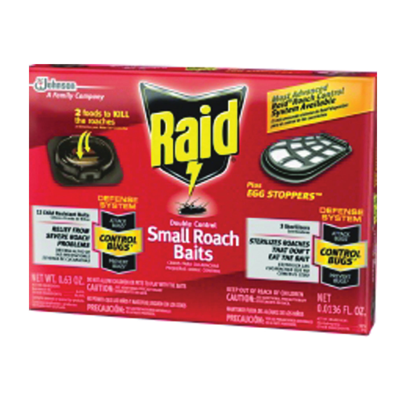 Raid Double Control Small Roach Baits with Egg Stoppers by Pasteur Pharmacy, 12-count pest control traps for roach elimination.