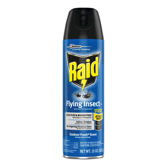 Raid Flying Insect Killer aerosol can with outdoor fresh scent, 15 oz pest control spray for flying insects.