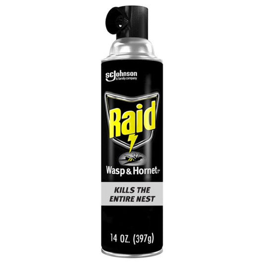 Raid Wasp and Hornet Killer 14 oz aerosol spray can for pest control, with a trigger nozzle and safety cap visible.