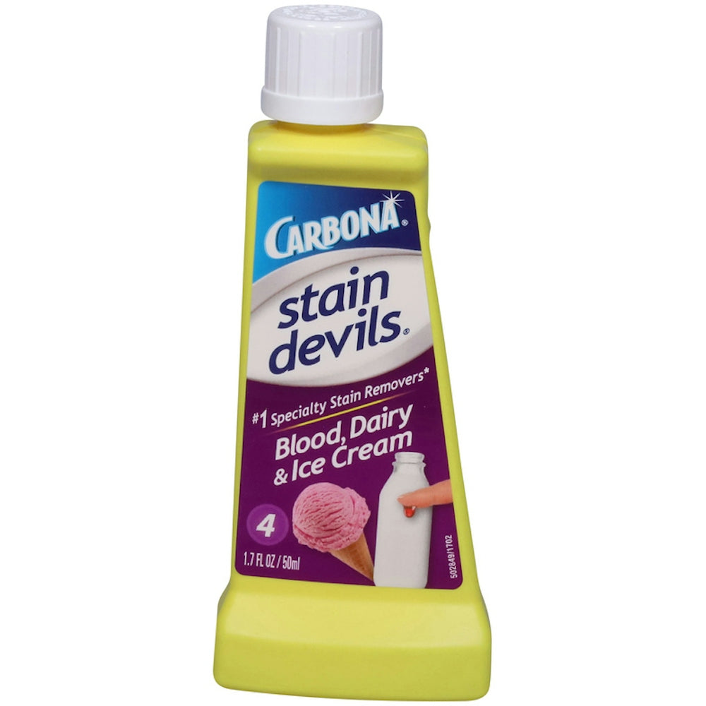 Carbona Stain Devils Blood, Dairy & Ice Cream Spot Remover in a 1.7 fl oz squeeze bottle for pet stain removal.