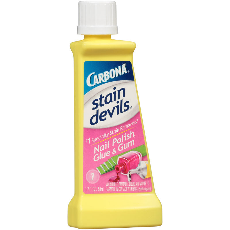 Carbona Stain Devils Nail Polish, Glue & Gum Spot Remover in a 1.7 oz squeeze bottle, designed for pet stain and odor removal