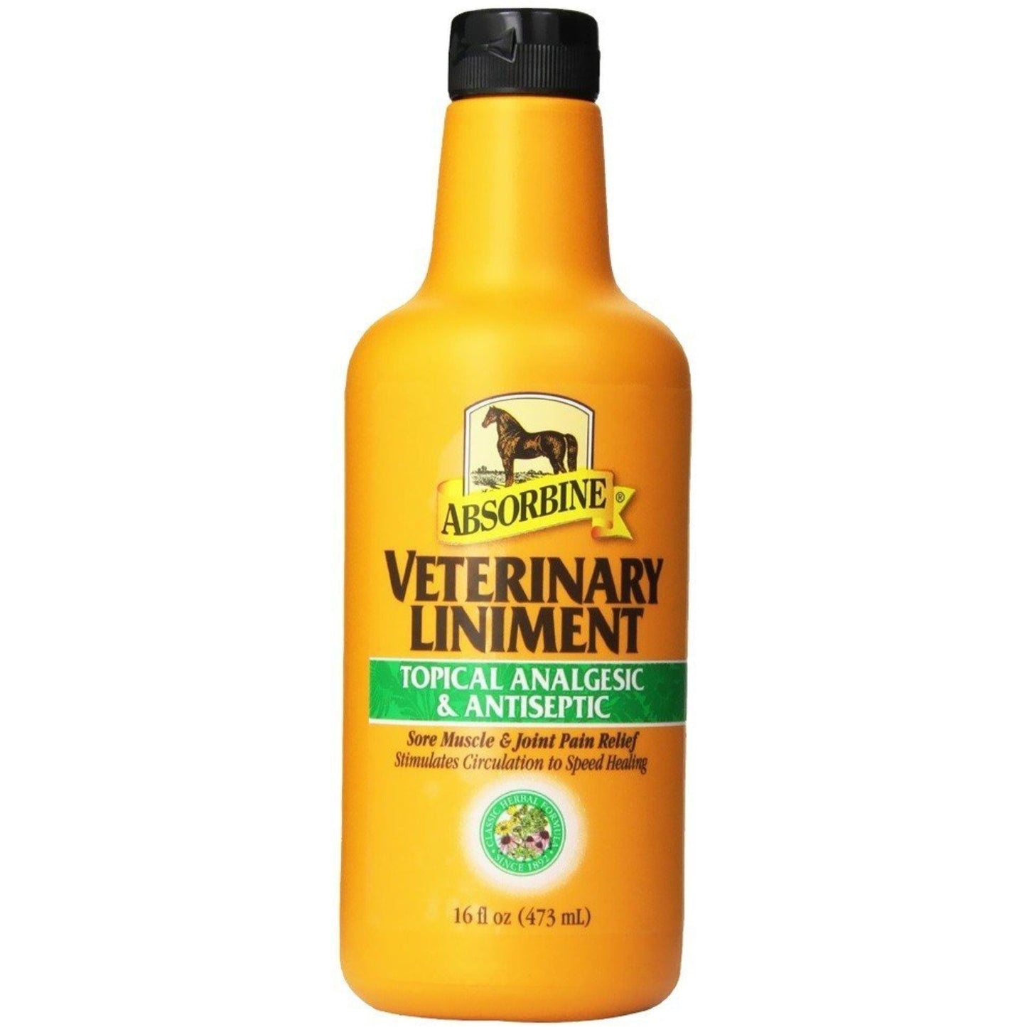 Absorbine Veterinary Liniment topical antiseptic in a 16 oz bottle, used for pet care, by Pasteur Pharmacy.