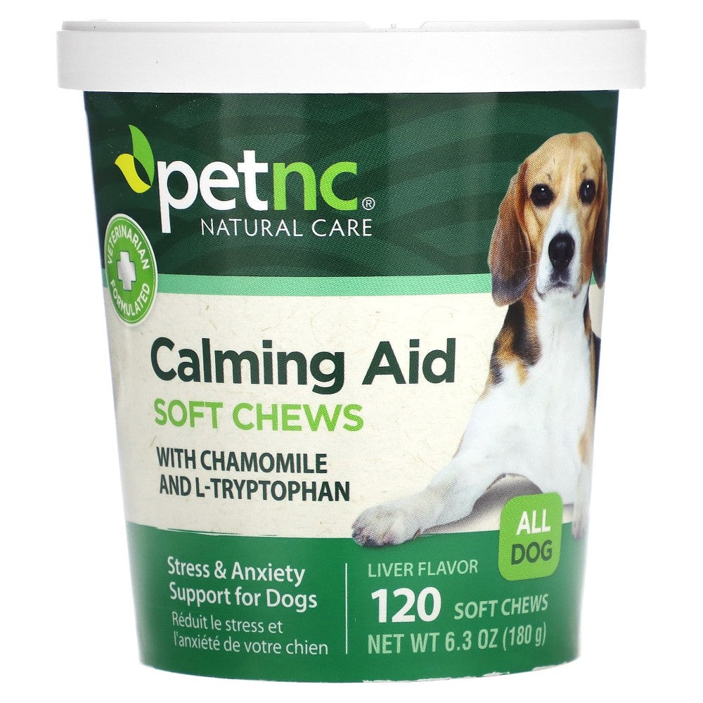 Pet NC Natural Care Calming Aid Soft Chews for Dogs, pet supplies by Pasteur Pharmacy, showing soft chew treats for canine relaxation.