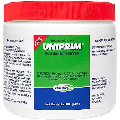 Uniprim Powder 200g Apple Flavored pet supplies package showing the labeled container with powder for animal health.
