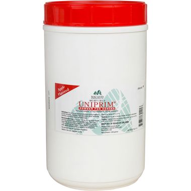 Uniprim Powder for Horses in apple flavor, 1200 g, pet supplement from Pasteur Pharmacy, featuring the powder in a resealable container.