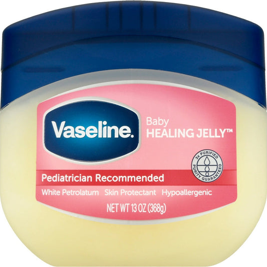 Jar of Vaseline Baby Healing Petroleum Jelly by Pasteur Pharmacy, 13 oz size, shown in a box of 24 jars.