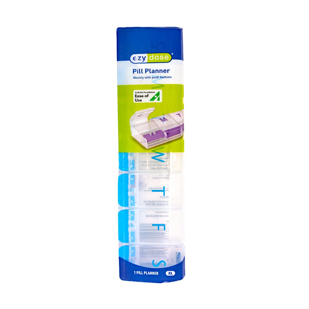 Ezy Dose weekly push button pillbox by Pasteur Pharmacy with large compartments for medication organization.