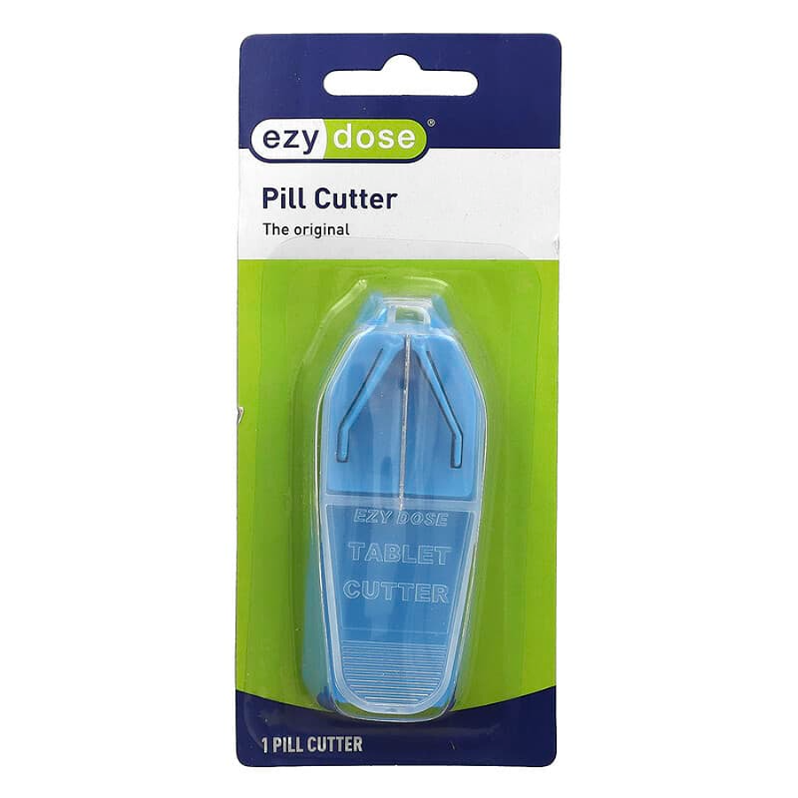 Ezy Dose Original Tablet Cutter in a transparent plastic pillbox for safe splitting of pills.