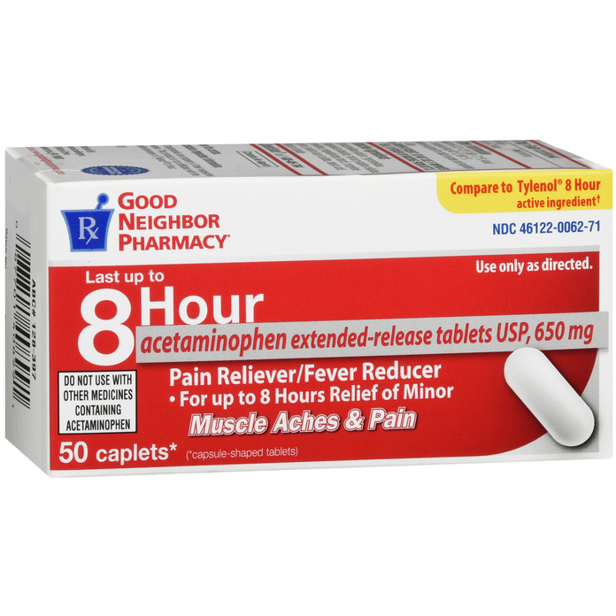 GNP Acetaminophen 650 Mg 8 Hour ER pitch counters by Pasteur Pharmacy, showing the product packaging and dosage information.
