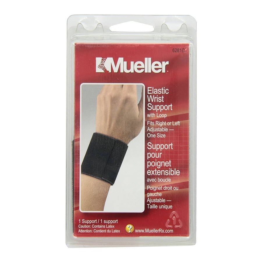 Mueller elastic wrist support with loop, shown on a hand, providing compression and stability for wrist injuries or strain.
