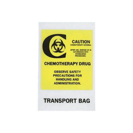 RD Plastics Q134 chemotherapy reclosable transport bag made of durable plastic wrap with secure closure, used for medical transport.