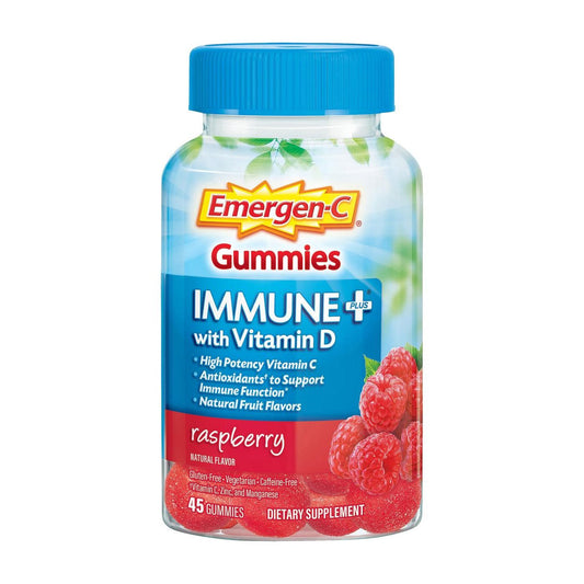 Emergen-C Immune+ Vitamin D Gummies in raspberry flavor, featuring bright red gummies with vitamin D and immune support branding.