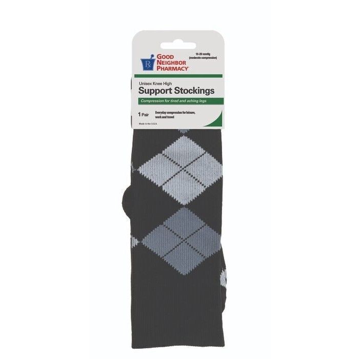 Gray argyle GNP Support Socks by Pasteur Pharmacy, unisex knee-high compression stockings, 15-20mmHg, small size.