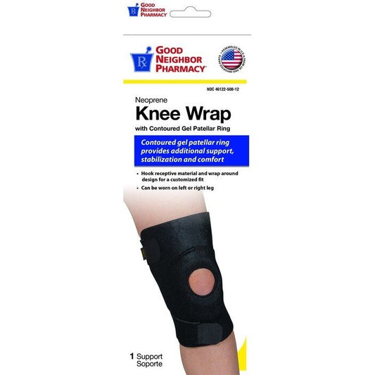 Good Neighbor Knee Wrap with Contour Gel for support and compression, designed for comfort and pain relief.