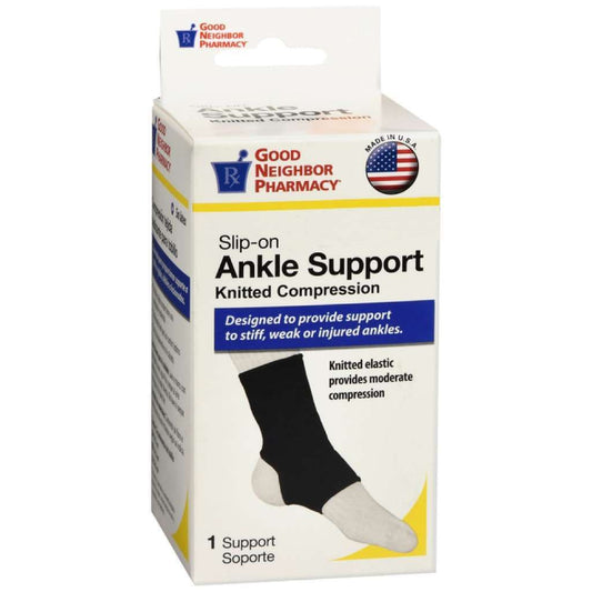 Good Neighbor Pharmacy medium ankle support for injury stabilization, shown with adjustable straps and breathable fabric.