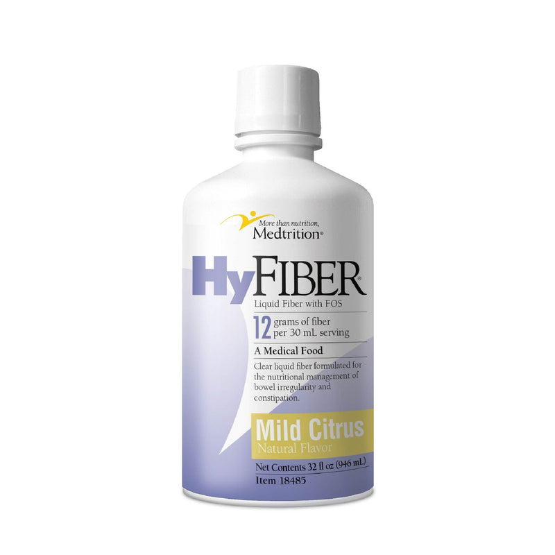 Medtrition HyFiber Liquid Fiber with FOS in mild citrus flavor, displayed with plumbing fittings and supports in a store setting.