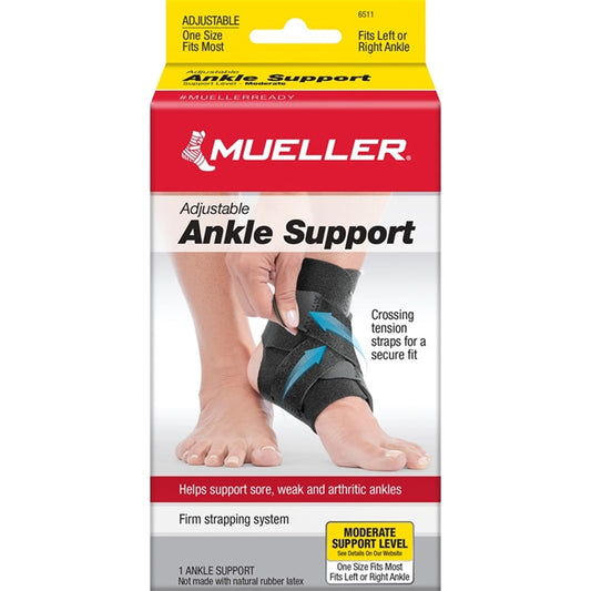 Mueller adjustable ankle support in black, designed for ankle stability and compression, one size fits most, for injury recovery.