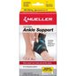 Mueller adjustable ankle support in black, designed for ankle stability and compression, one size fits most, for injury recovery.