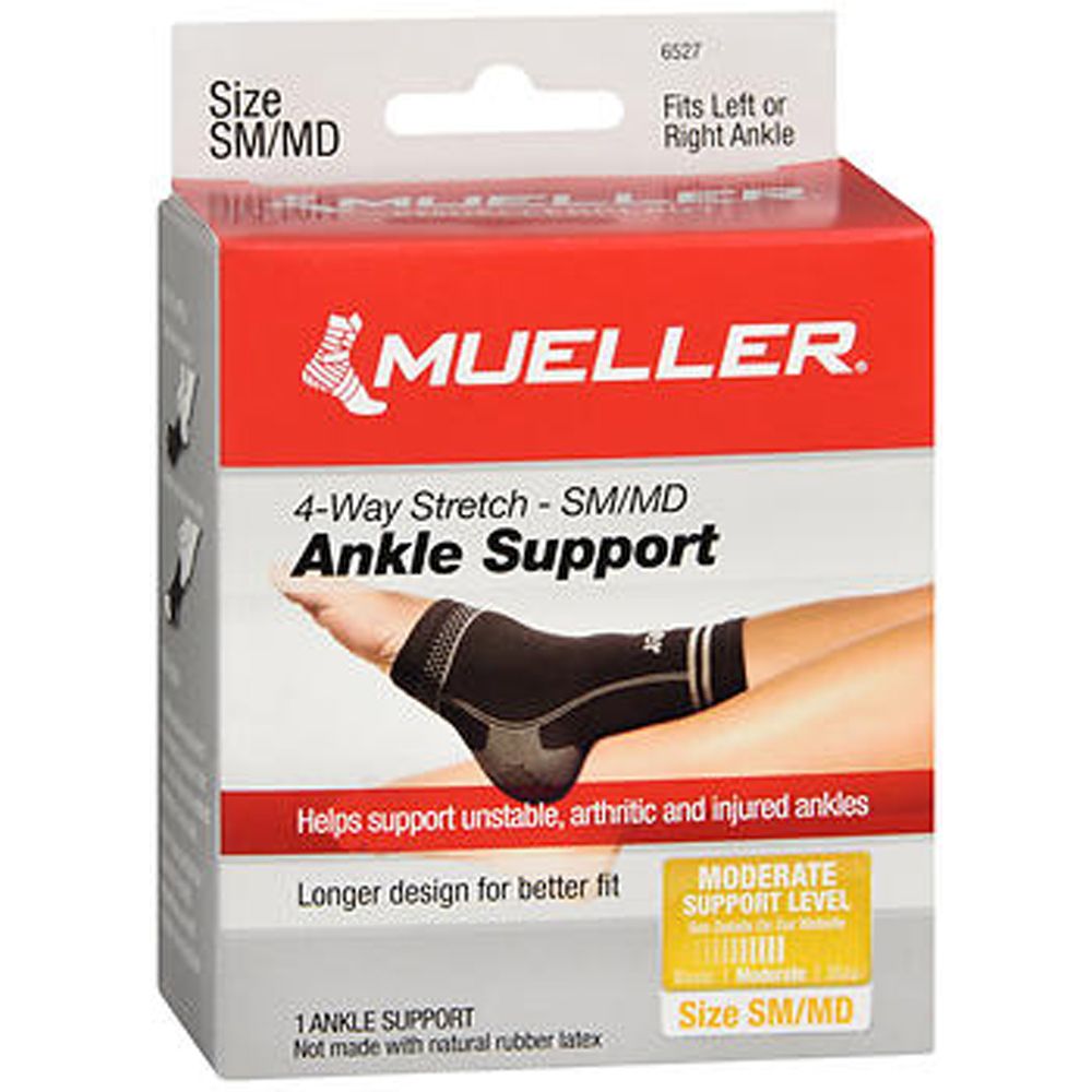 Mueller® Ankle Support for moderate support, small/medium size, designed to stabilize and protect the ankle.