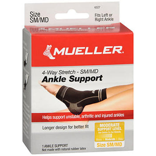 Mueller® Ankle Support for moderate support, small/medium size, designed to stabilize and protect the ankle.