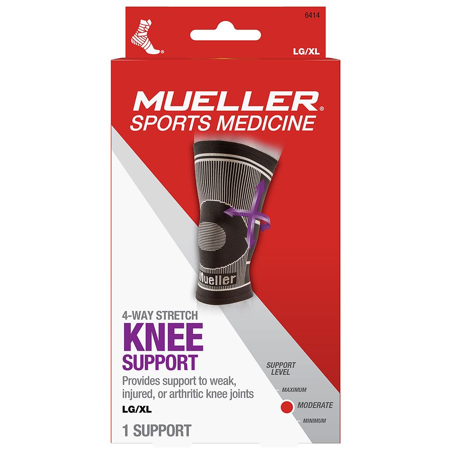 Large Mueller Sport Care 4-Way Knee Support brace, designed for knee stabilization and compression therapy.