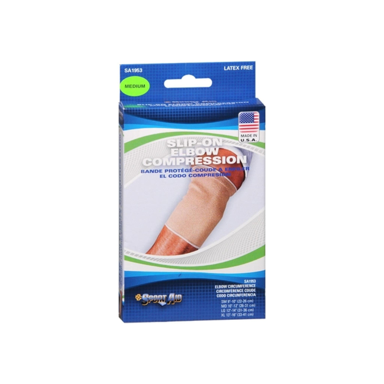 Sport Aid Slip-On Elbow Compression Support in beige, small size, designed for elbow support and compression.