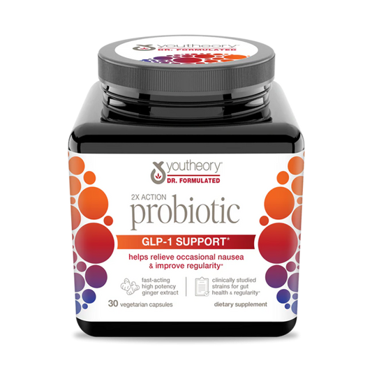 Youtheory 2 X Action Probiotic GLP-1 Support supplement in 30 capsules, supporting gut health and digestion.