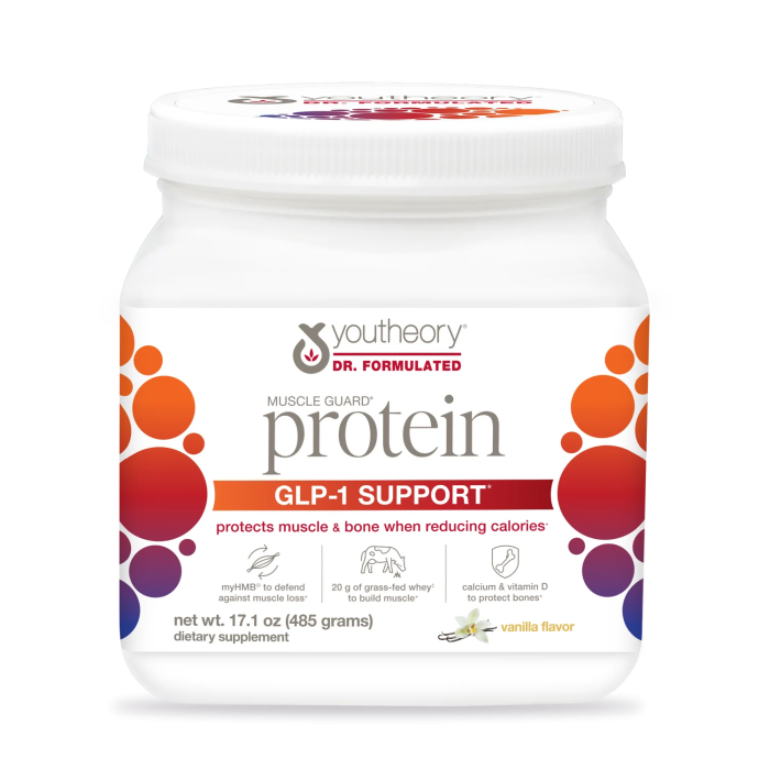 Youtheory GLP-1 Support Muscle Guard Protein Vanilla 17.1 oz, supplement bottle with label, natural vanilla flavor, dietary support supplement