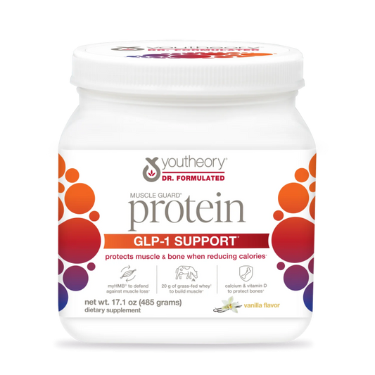 Youtheory GLP-1 Support Muscle Guard Protein Vanilla 17.1 oz, supplement bottle with label, natural vanilla flavor, dietary support supplement