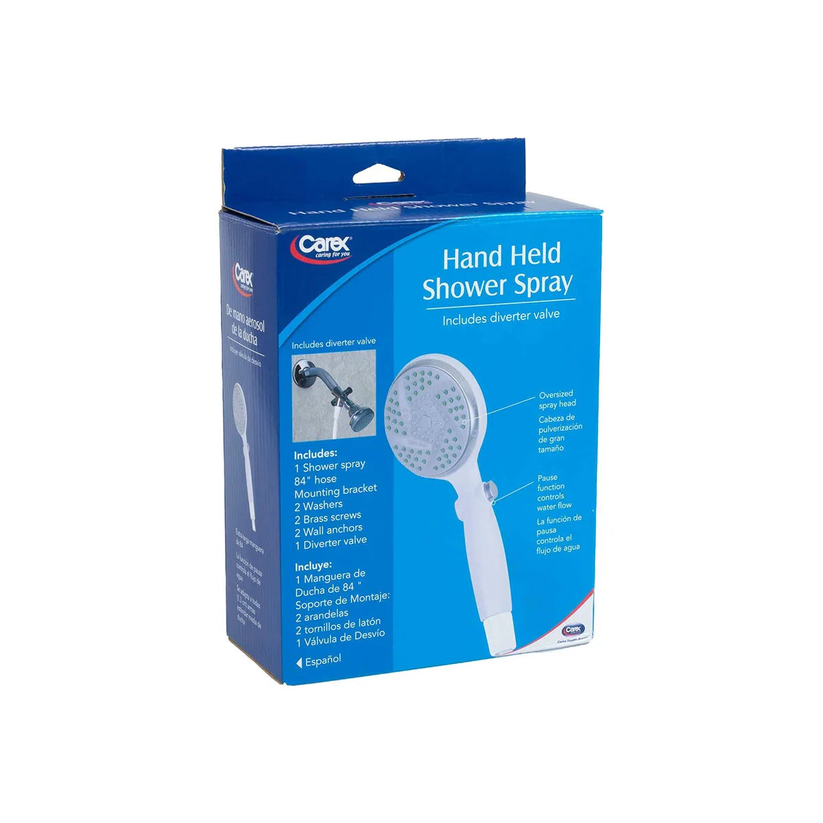 Carex hand-held shower spray with diverter valve, plumbing fixture hardware for bathroom shower systems.