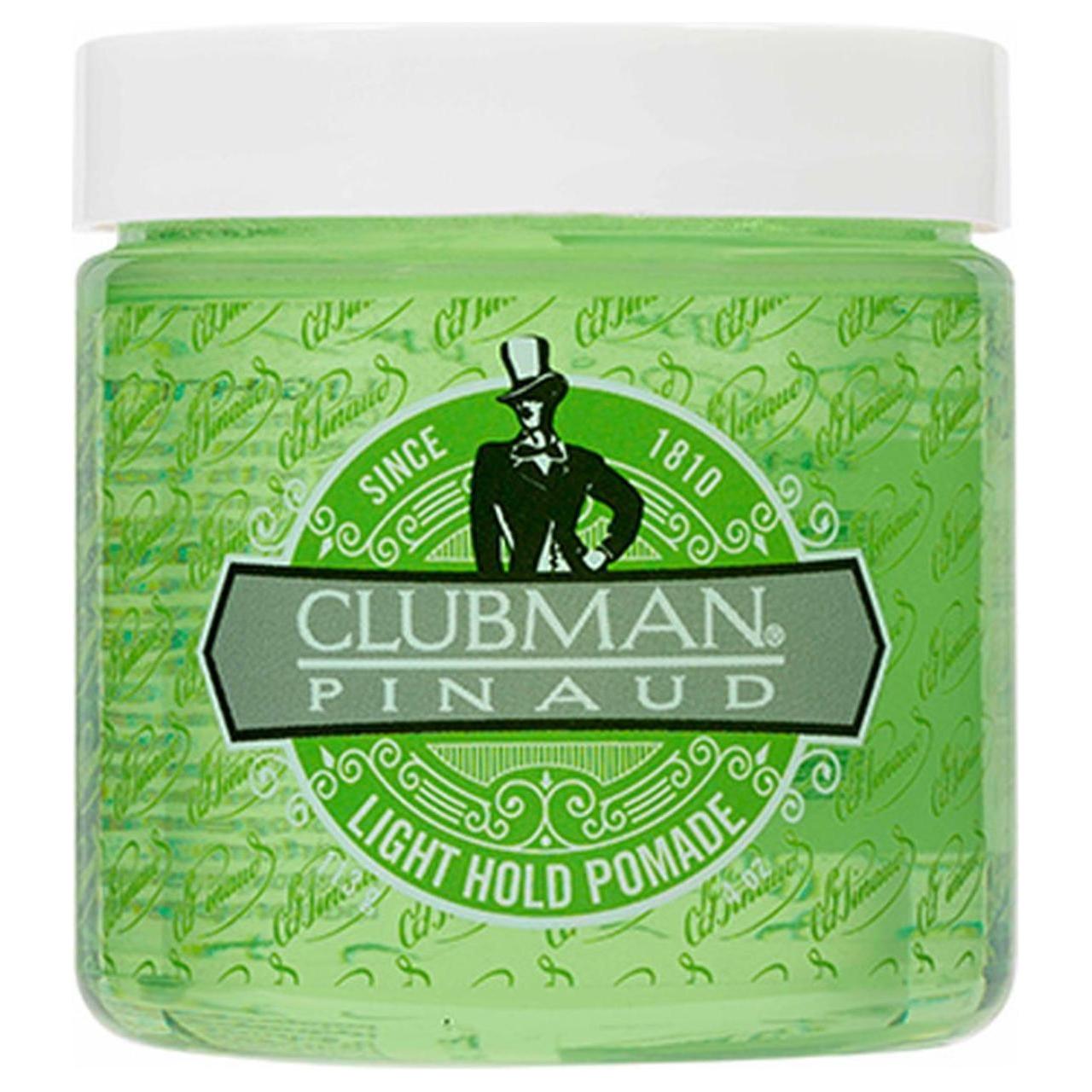 Clubman Pinaud Light Hold Pomade in 4 oz jar, featuring classic branding and smooth, easy-to-style hair pomade.