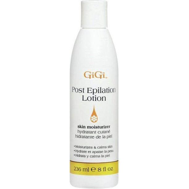 Gigi Post Epilation Lotion in 8 oz bottle by Pasteur Pharmacy, soothing post-epilation skincare product with label and pump dispenser