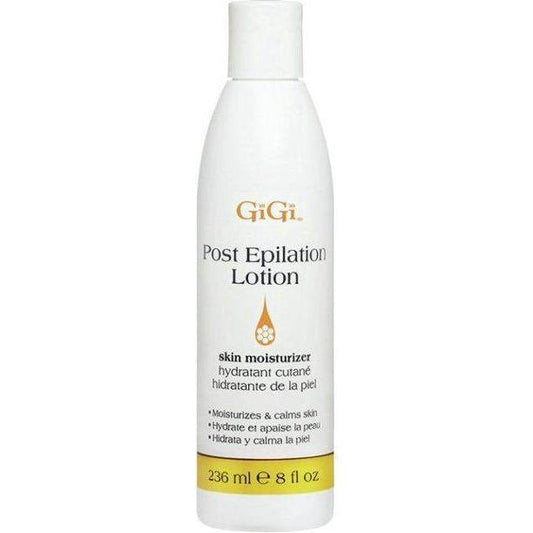 Gigi Post Epilation Lotion in 8 oz bottle by Pasteur Pharmacy, soothing post-epilation skincare product with label and pump dispenser