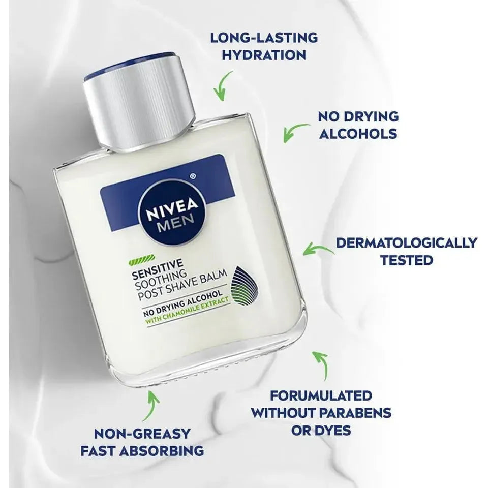Nivea Men Sensitive Soothing Post Shave Balm in 3.3 oz bottle, designed to soothe and hydrate skin after shaving.