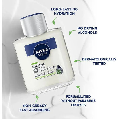 Nivea Men Sensitive Soothing Post Shave Balm in 3.3 oz bottle, designed to soothe and hydrate skin after shaving.